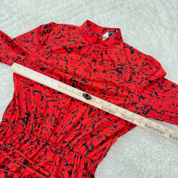 Blair Red Midi Dress Women's Vintage Retro Mock Neck LS Belted Abstract Print - Picture 4 of 12